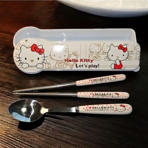 4 pcs Hello Kitty Lunch Utensils Chopsticks Spoon Set Storage Travel Case